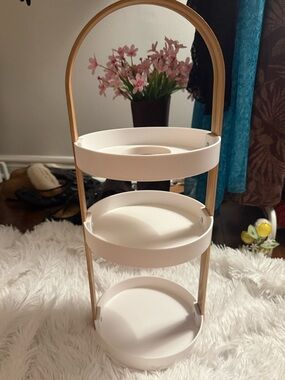 3-Tier White & Bamboo Makeup Organiser